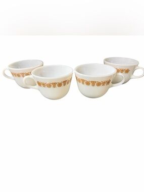 Vintage Pyrex Butterfly Gold Tea Cups Set of 4 Milk Glass Corning Corelle 1970s